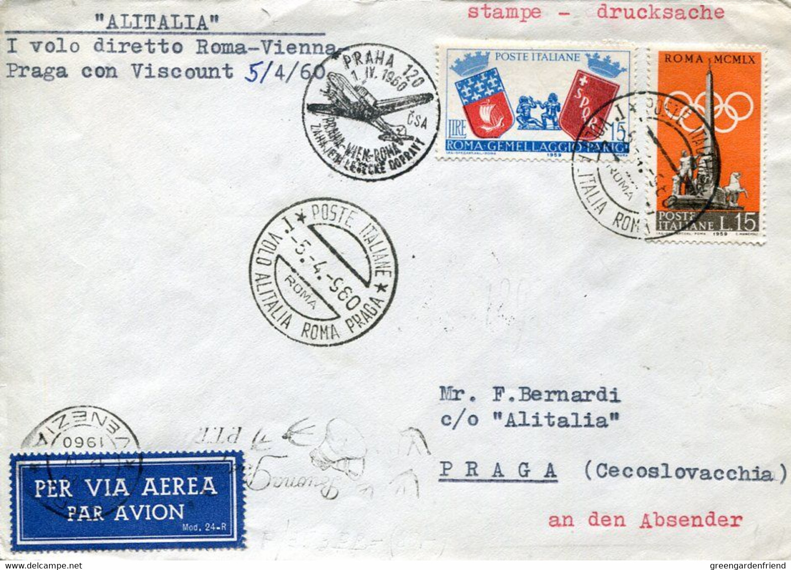 66515 Italia,special Postmark 1960 Roma, First Flight ALITALIA  Roma/prag   1^ Volo Alitalia  Roma Praga - Andere (Lucht)