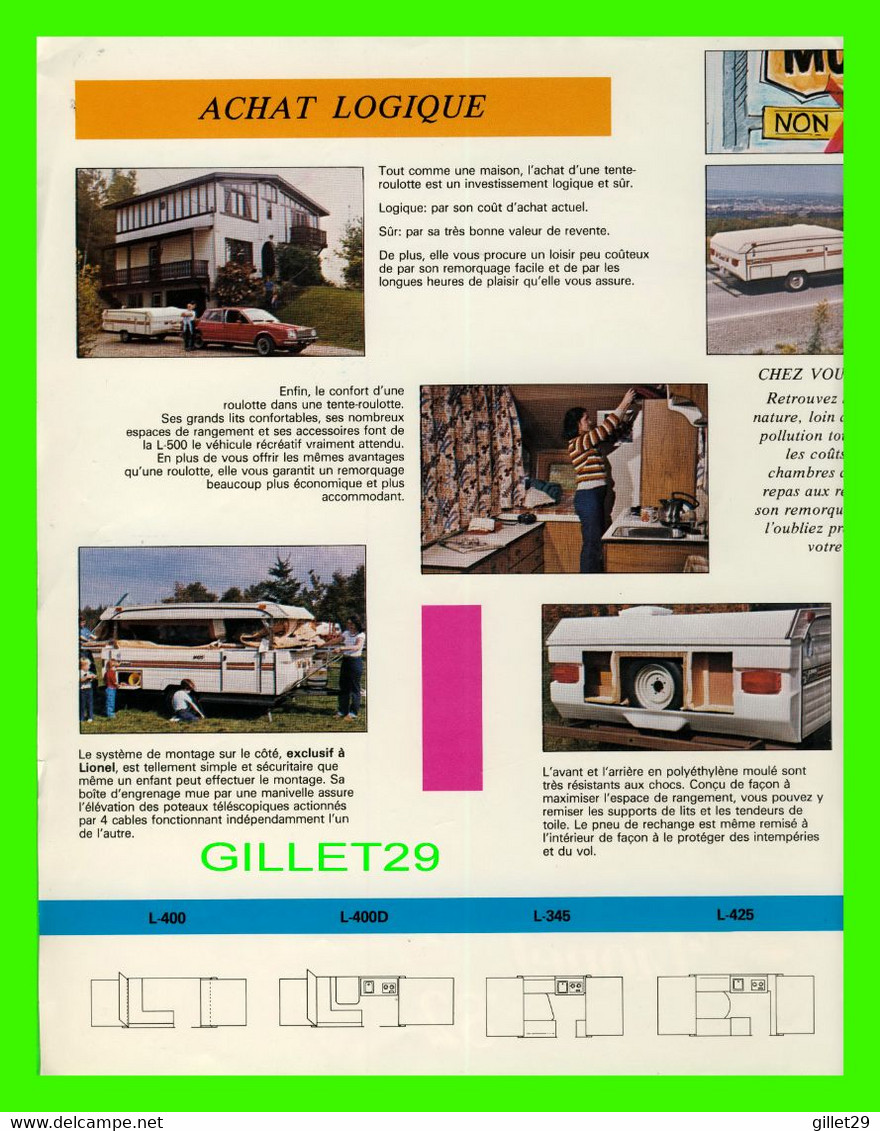 BROCHURE TENTE-ROULOTTE LIONEL 1982 POUR CAMPING (FRANÇAIS) - 4 PAGES - DIMENSION 22 X 28 Cm - - Wohnwagen