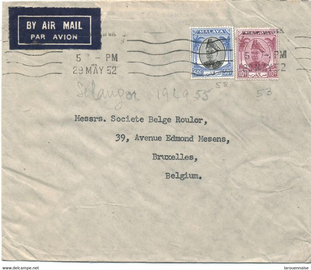 MALAISIE - SELANGOR N° 53 + 58 / LETTRE Par AVION Pour BRUXELLES ( Belgique) - C à D SELANGOR / 29 MAY 52 - Selangor