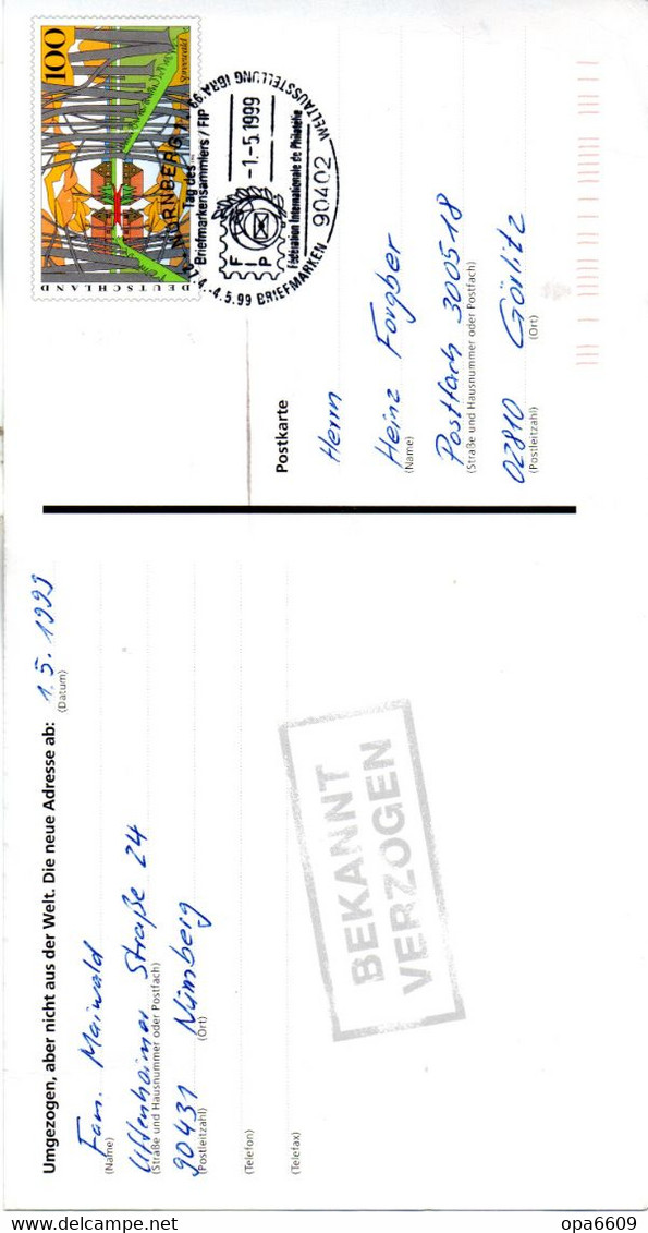 BRD Amtl. GZS "Umzugspostkarte" PSo 54 "WSt 100 (Pf) "Spreewald MiNr: 1851", SSt 1.5.1999 NÜRNBERG 1 - Cartes Postales - Oblitérées