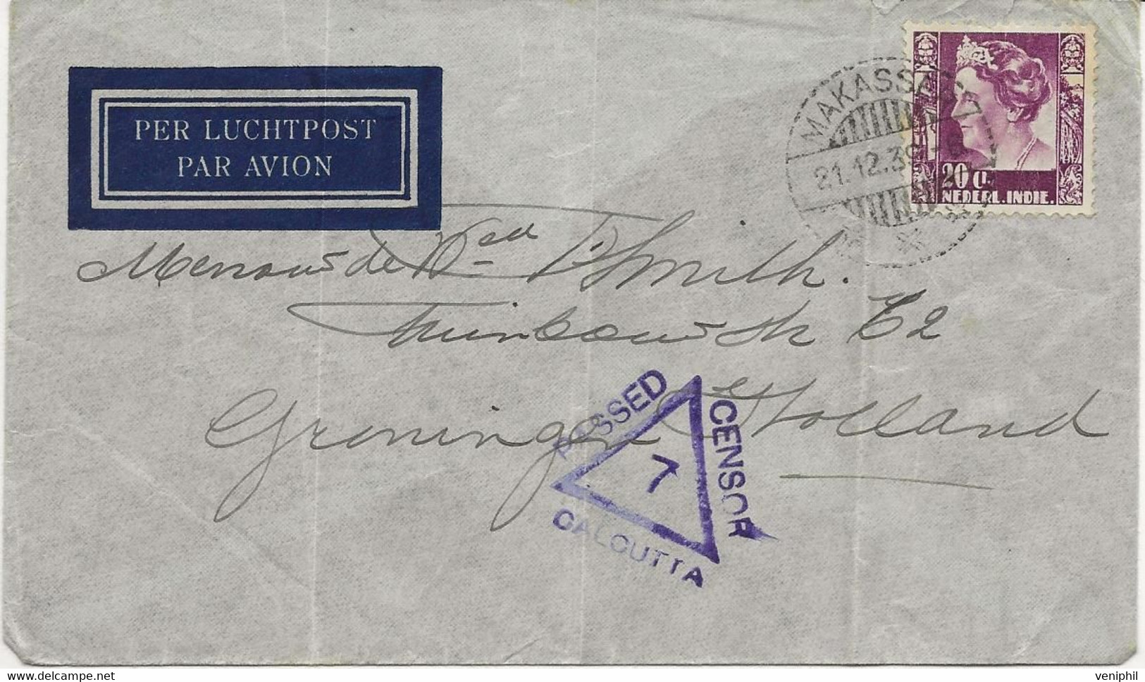 INDE NEERLANDAISE -  LETTRE AFFRANCHIE N° 189 - ANNEE 1939 + CACHET CENSURE CALCUTTA - Niederländisch-Indien