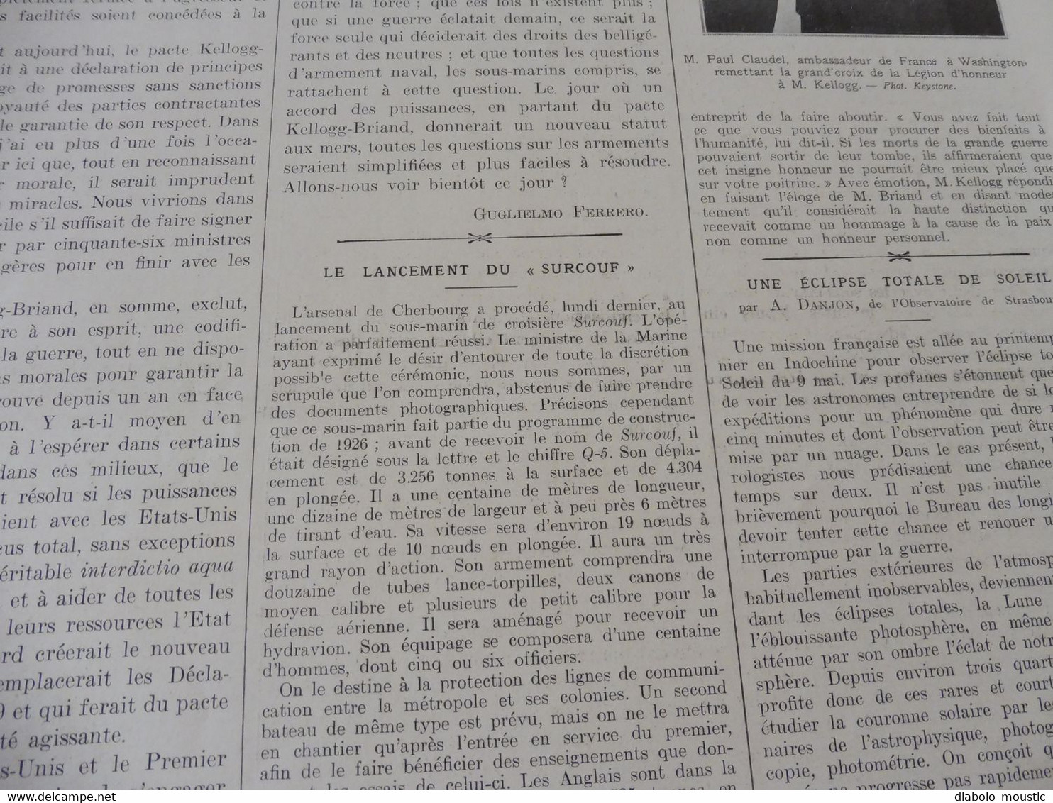 1929 :Sous-marin SURCOUF; Poulo-Condor ; Refuges (Adus,Mounier); Moldovitza , Suavitza ; Enquête sur le Finistère; Etc