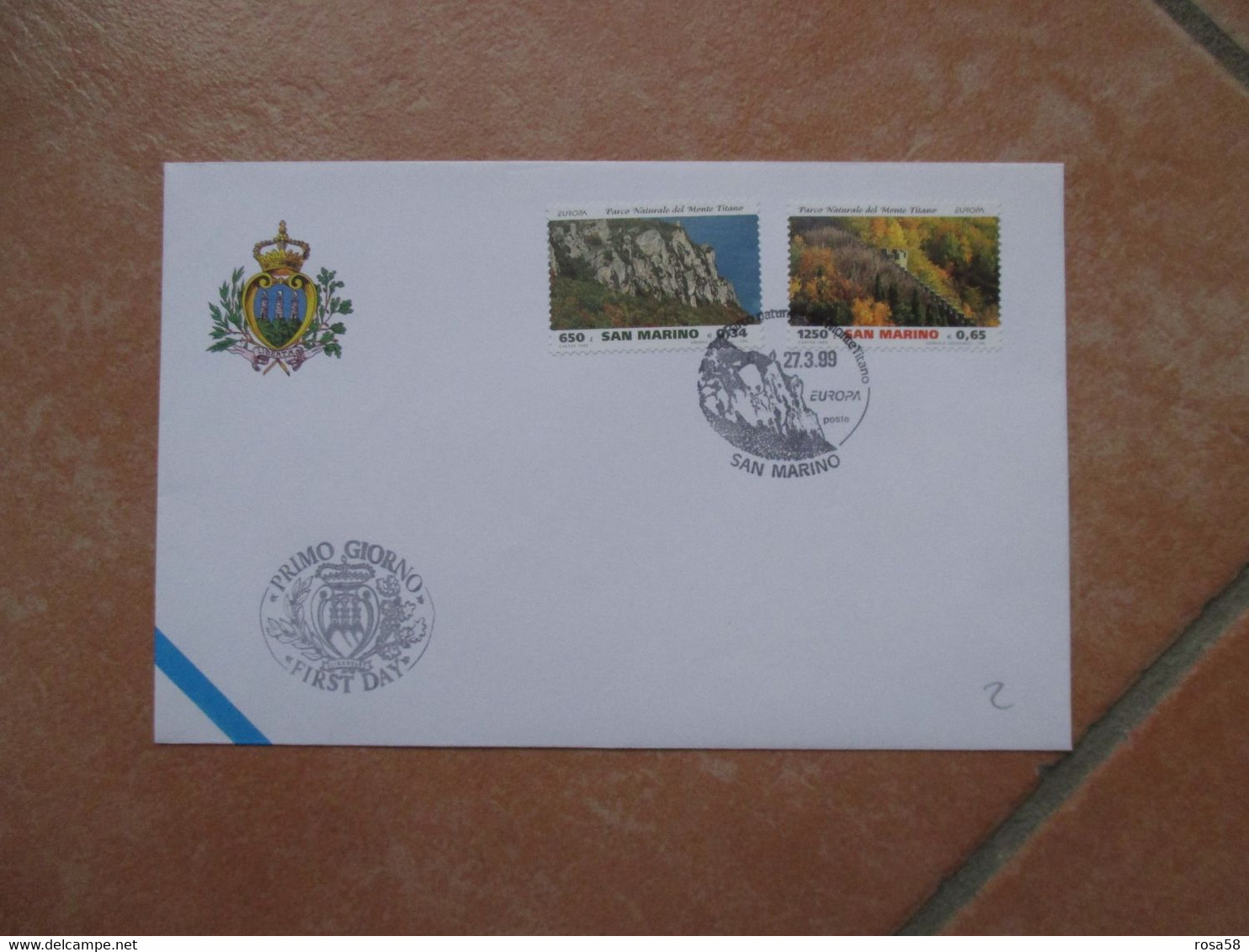 27.3.1999  Busta Ufficiale EUROPA CEPT Annullo Speciale Su Serie N.2 Valori Parco Naturale Monte Titano - Storia Postale