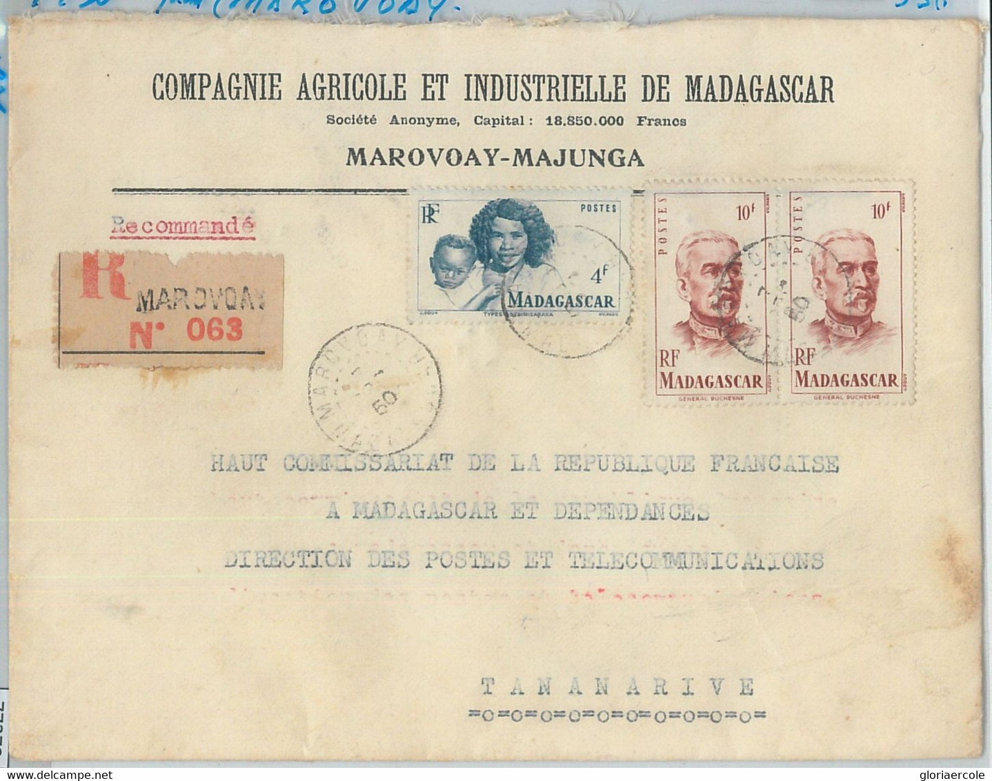 77372 - MADAGASCAR  - POSTAL HISTORY -  Registered COVER From MAROVOAY 1950 - Brieven En Documenten