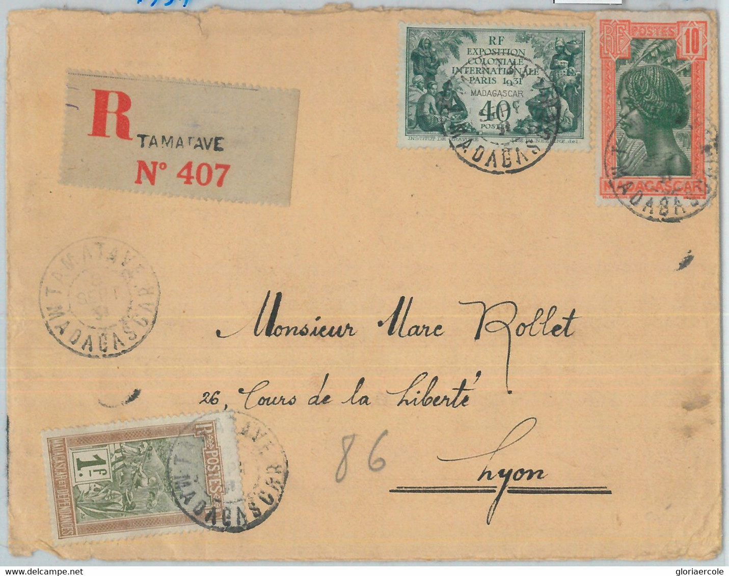 80992 -  MADAGASCAR  - POSTAL HISTORY - Registered COVER From TANANARIVE  1937 - Storia Postale