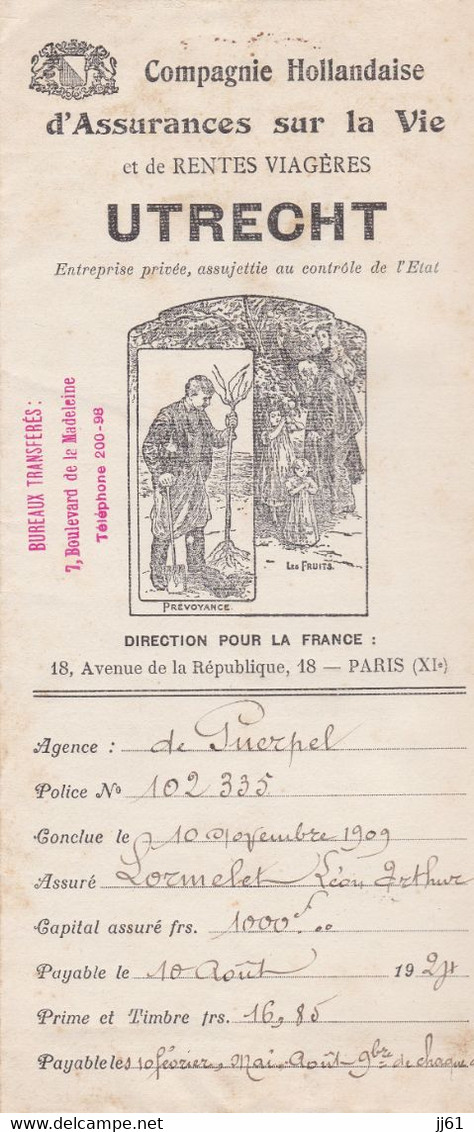 UTRECHT ENVELOPPE EPAISSE ANCIENNE DE LA COMPAGNIE HOLLANDAISE D ASSURANCE PARIS DIRECTION POUR LA FRANCE ANNEE 1909 - Netherlands