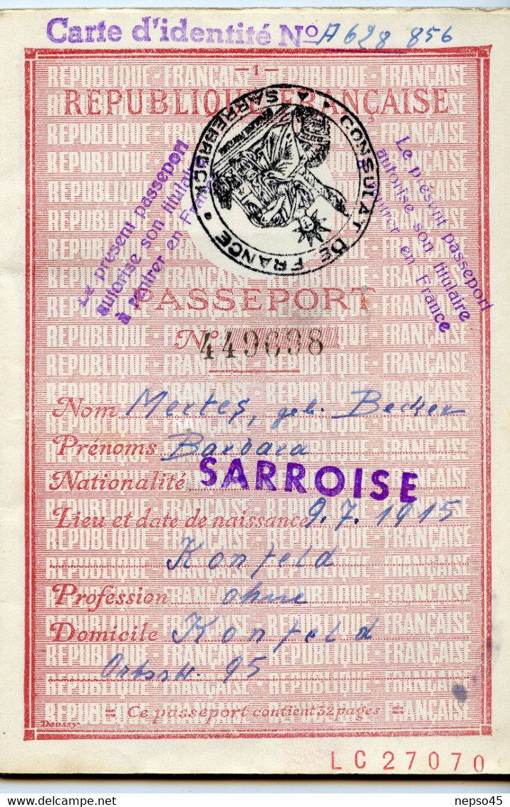 Passeport.Protectorat De La Sarre Sous Tutelle De La République Française Au Lendemain De La Seconde Guerre Mondiale. - Historical Documents