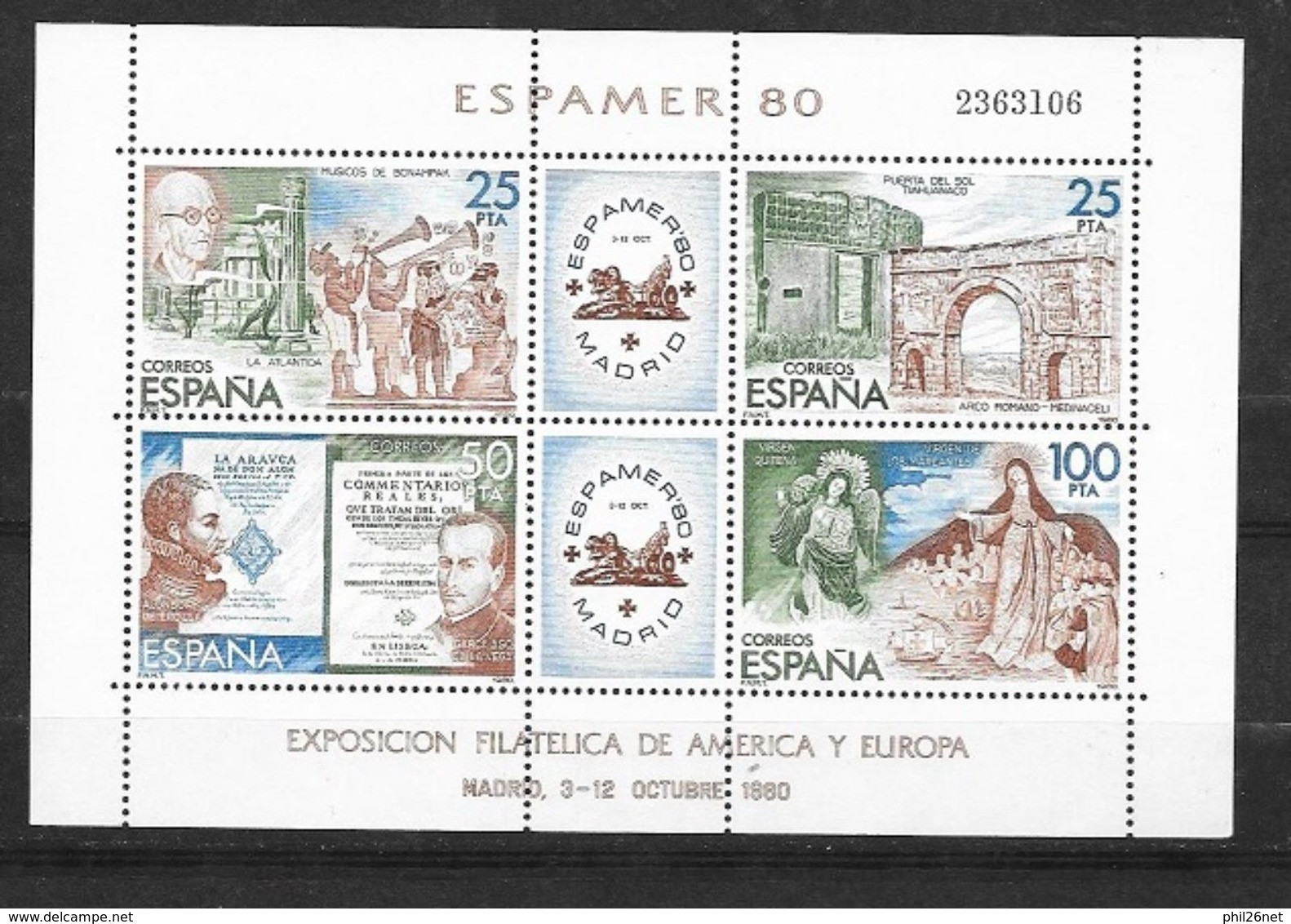 Espagne Bloc N° 27 Exposition Philatélique Espamer  1980   Neuf * * TB= MNH VF     - Blocs & Feuillets