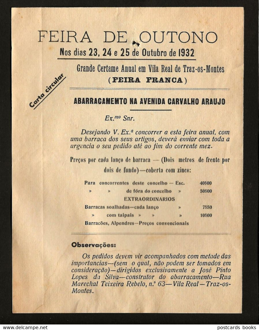 Folheto Antigo 1932 Feira Franca VILA REAL De TRAZ Os MONTES Preço Das Barracas Av.Carvalho Araujo PORTUGAL - Publicidad