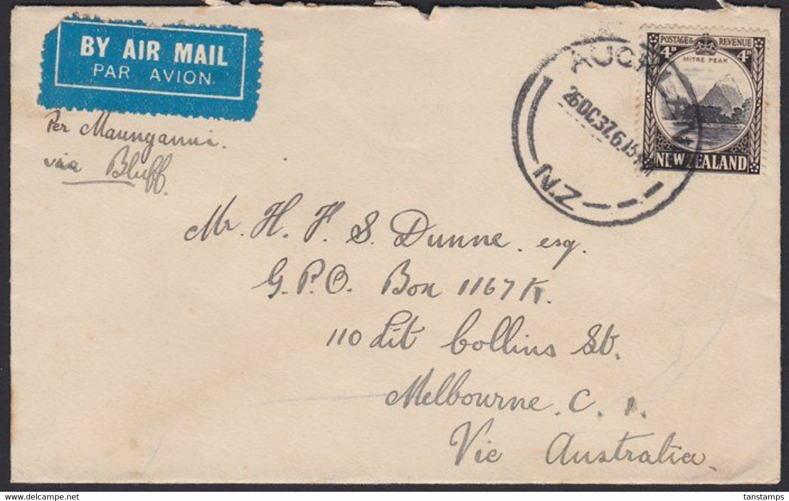 1935 4d MITRE PEAK SINGLE USE TO AUSTRALIA - Lettres & Documents