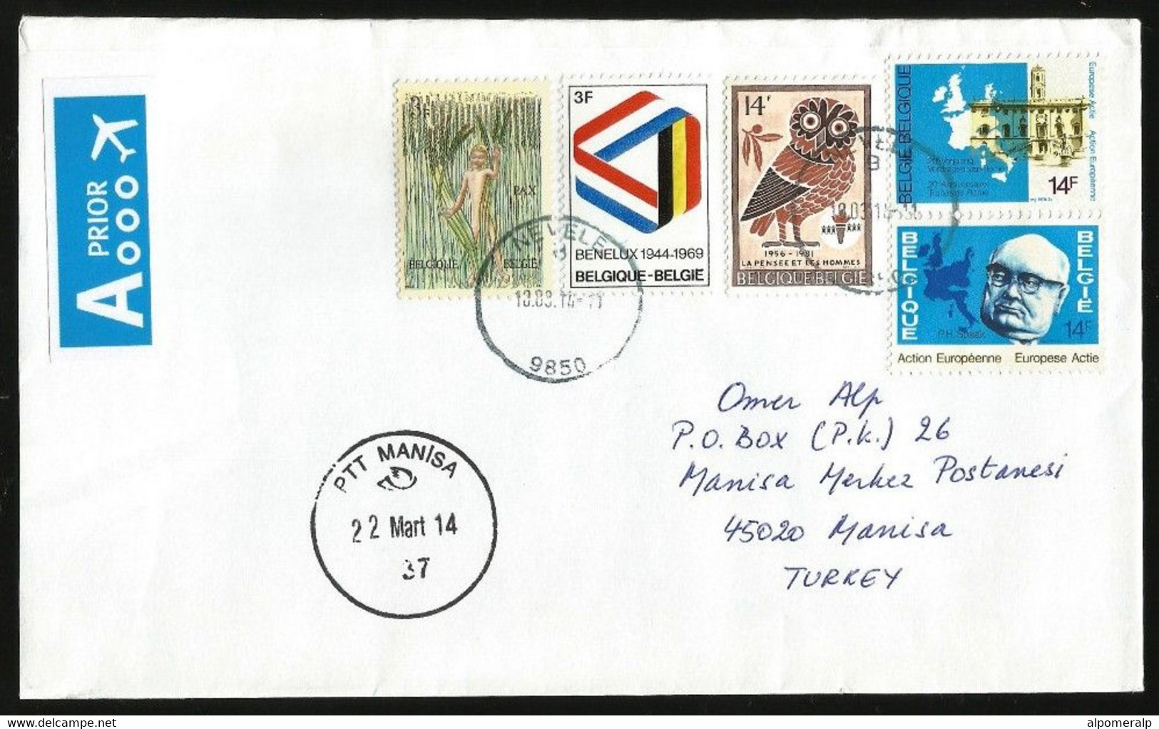 Belgium Nevele 2014 Airmail Multi Stamps Cover Used To Manisa Turkey | Yt 1251, 1500, 2028, 1881-1882 | Owls - Covers & Documents