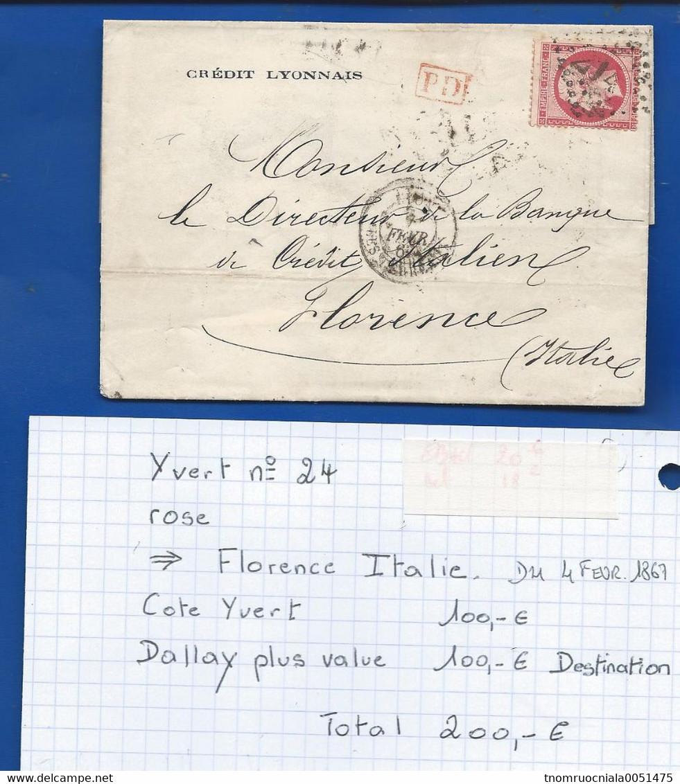 Lettre Avec Timbre  Napoléon N°24 Oblitération: PARIS 4/2/1867  à Destination De Florence  Italie - 1849-1876: Klassieke Periode