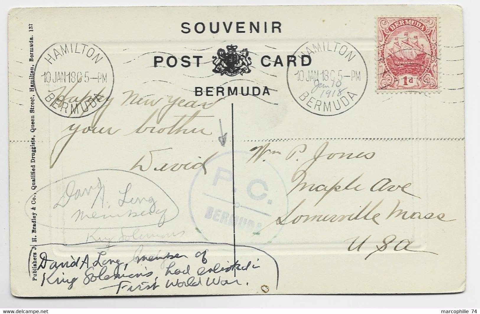 BERMUDAS 1D SOLO CARD POST HAMILTON 10 JAN 1918 TO USA CENSOR P.C. BERMUDAS - Bermuda