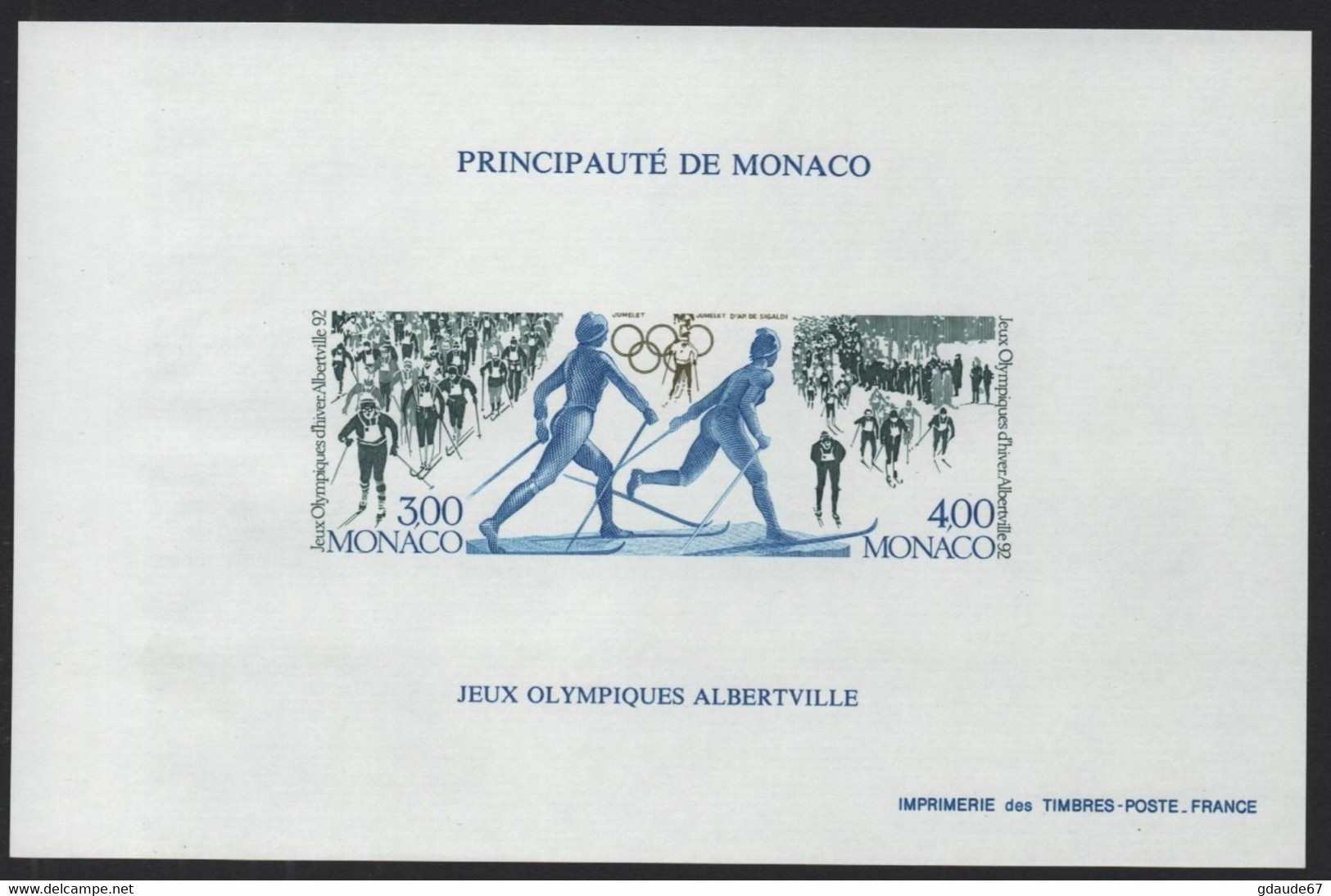 MONACO JEUX OLYMPIQUES D'ALBERTVILLE 1992 - BF BLOC FEUILLET SPECIAL NON DENTELE - N° 15a ** MNH  IMPERFORATED - Blocks & Kleinbögen