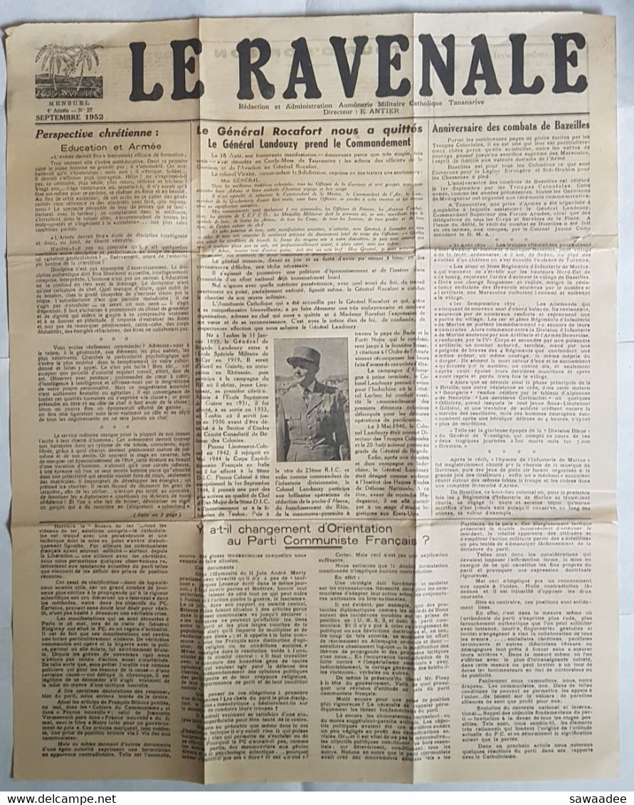 JOURNAL - "LE RAVENALE" - MADAGASCAR - 1952 - REDACTION ET ADMINISTRATION : AUMÔNERIE MILITAIRE CATHOLIQUE TANANARIVE - Documents
