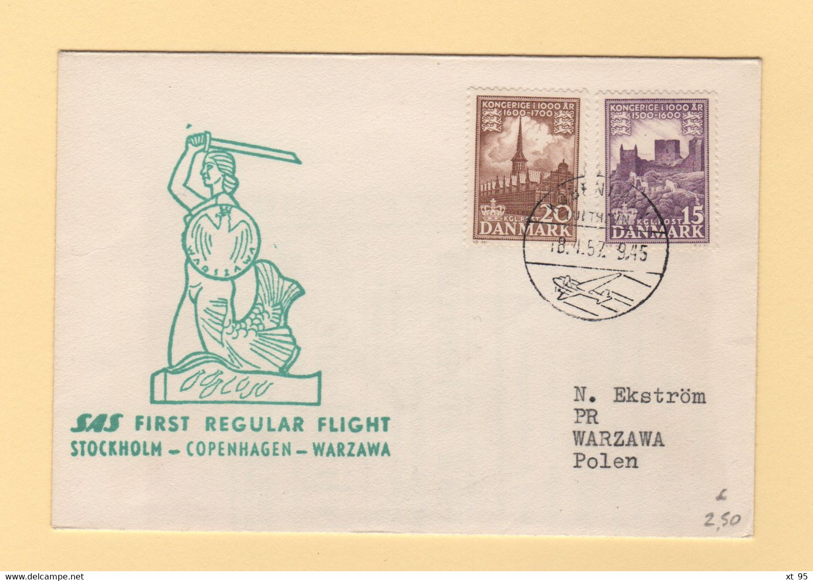 Danemark - 1957 - 1er Vol Copenhague Pologne - Poste Aérienne