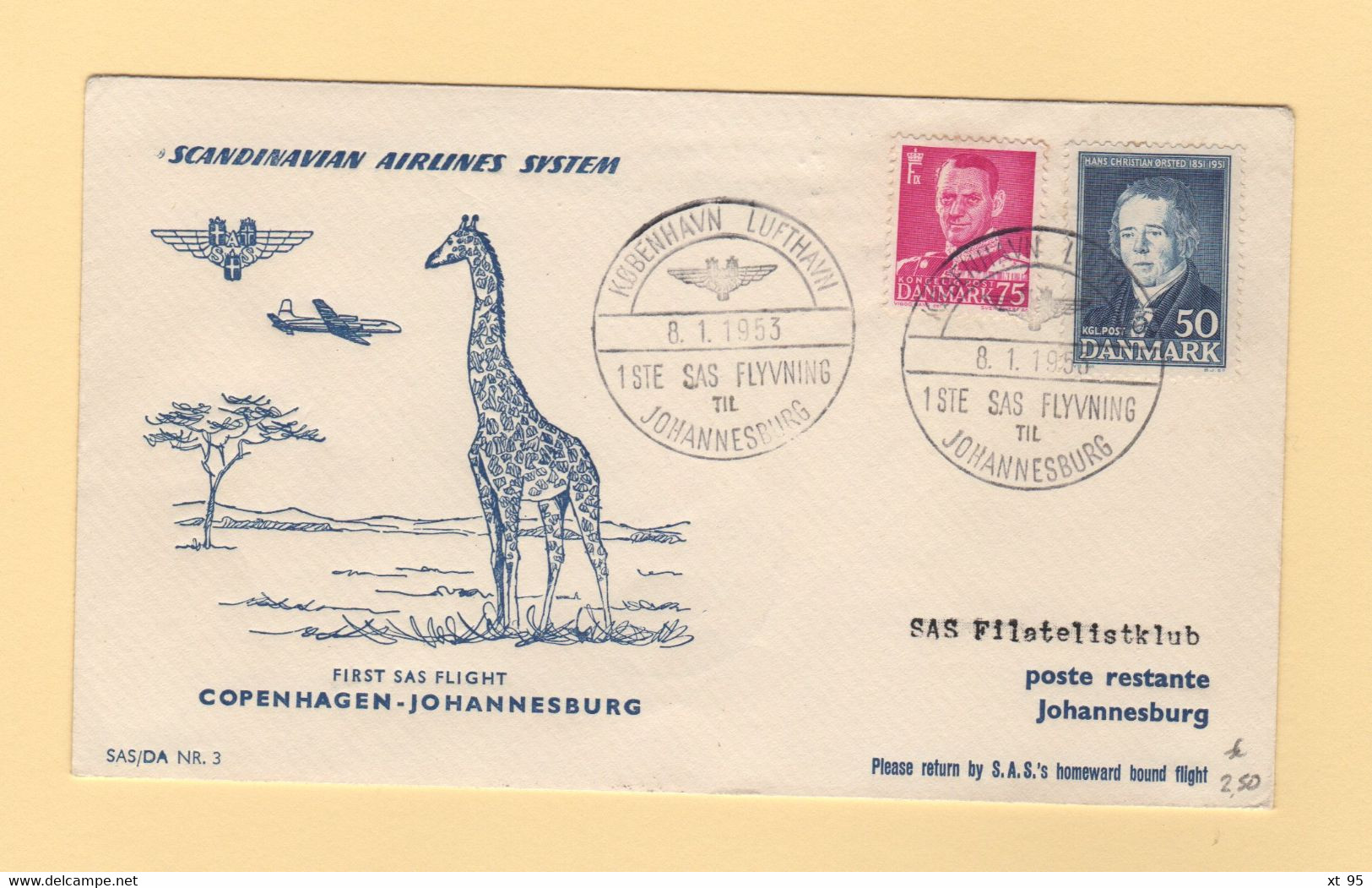 Danemark - 1953 - 1er Vol Copenhague Afrique Du Sud - Girafe - Poste Aérienne