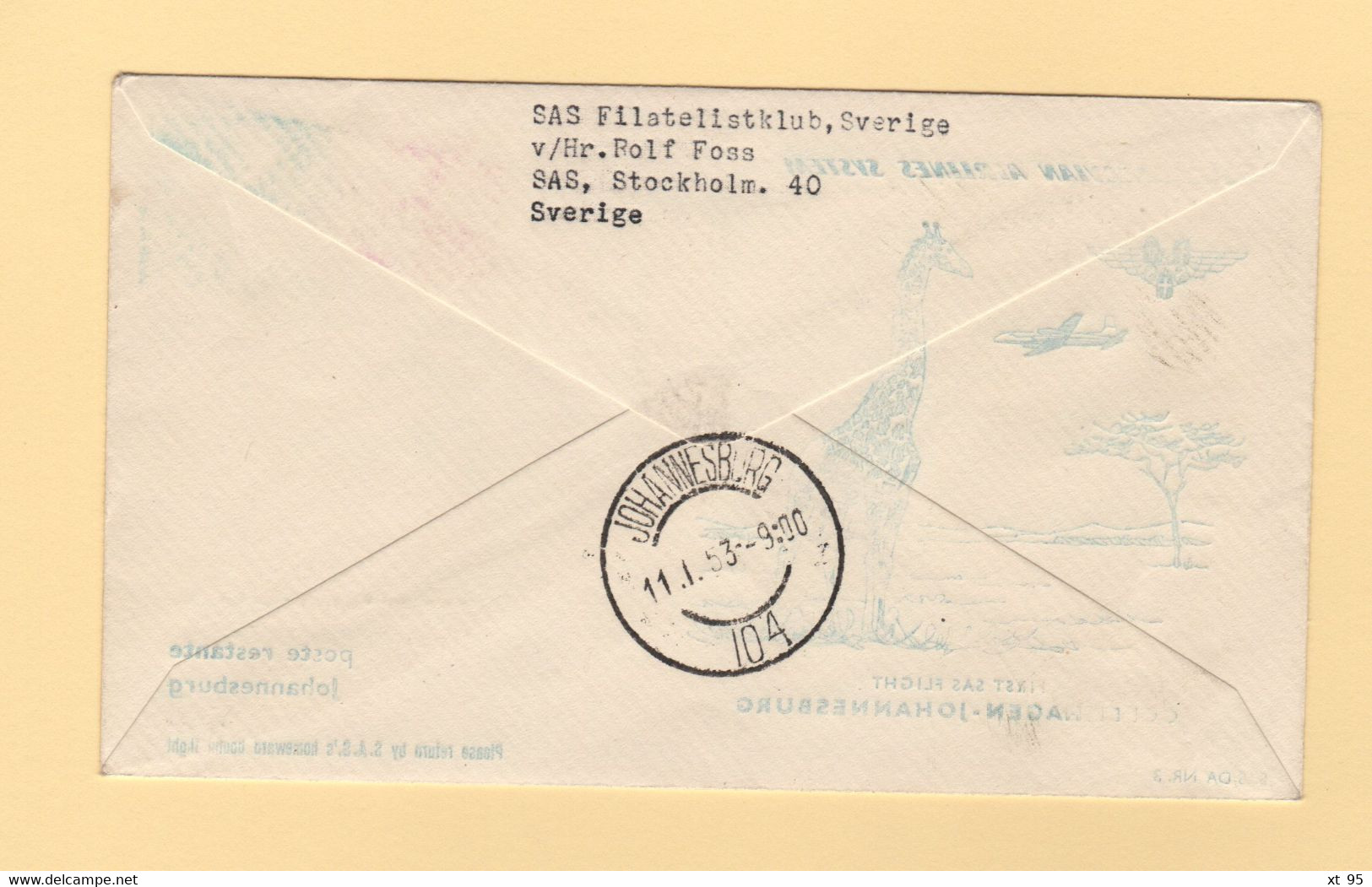 Danemark - 1953 - 1er Vol Copenhague Afrique Du Sud - Girafe - Airmail