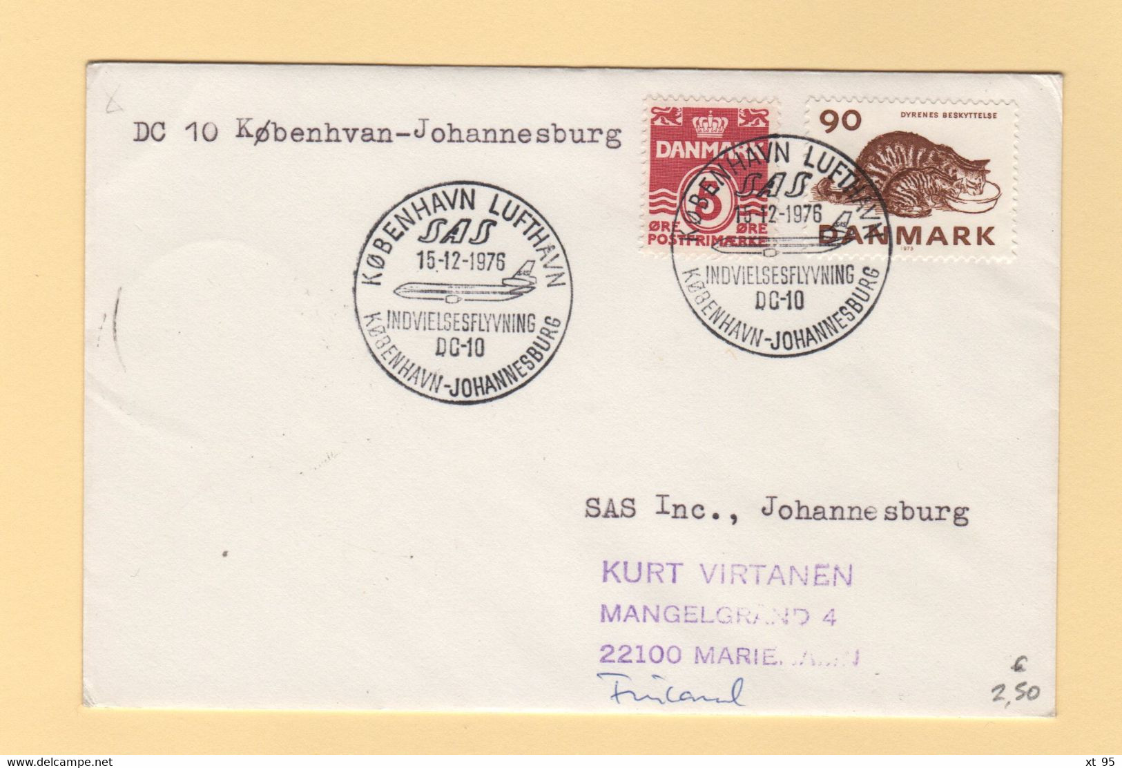 Danemark - 1976 - 1er Vol Copenhague Afrique Du Sud - Airmail