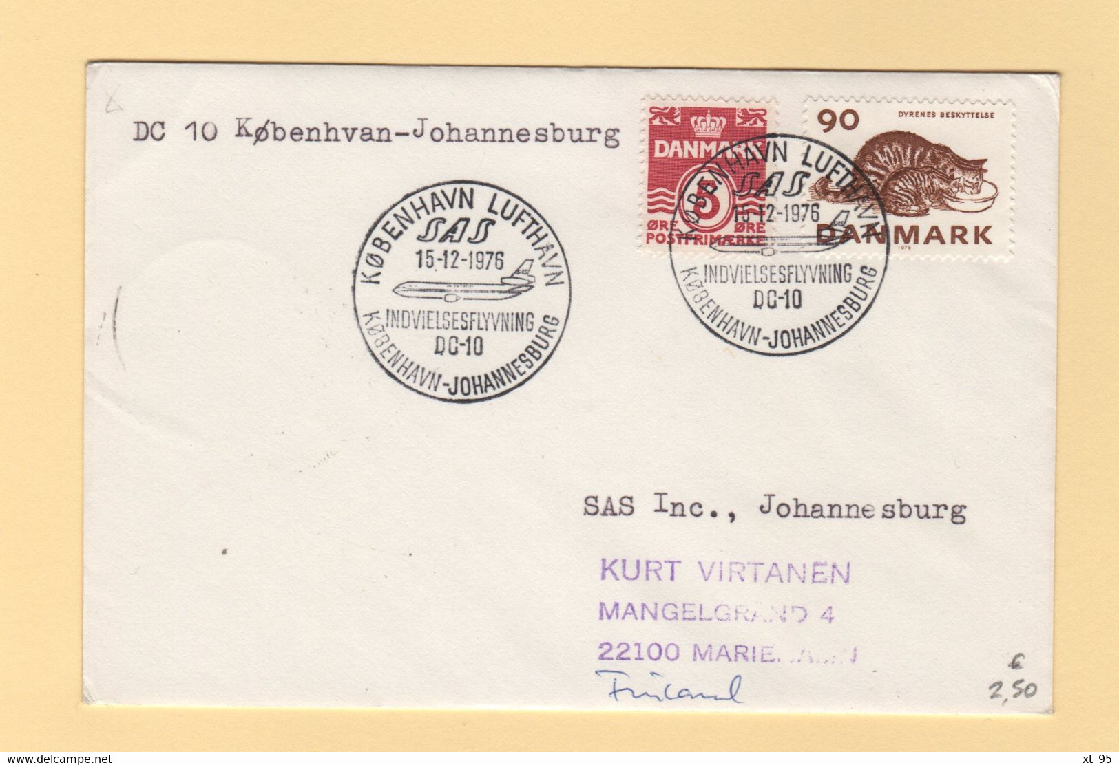 Danemark - 1976 - 1er Vol Copenhague Afrique Du Sud - Luftpost