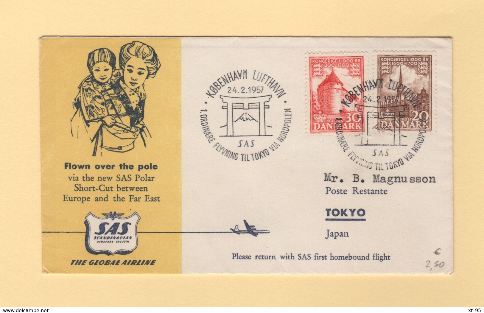 Danemark - 1957 - 1er Vol Copenhague Japon - Luftpost
