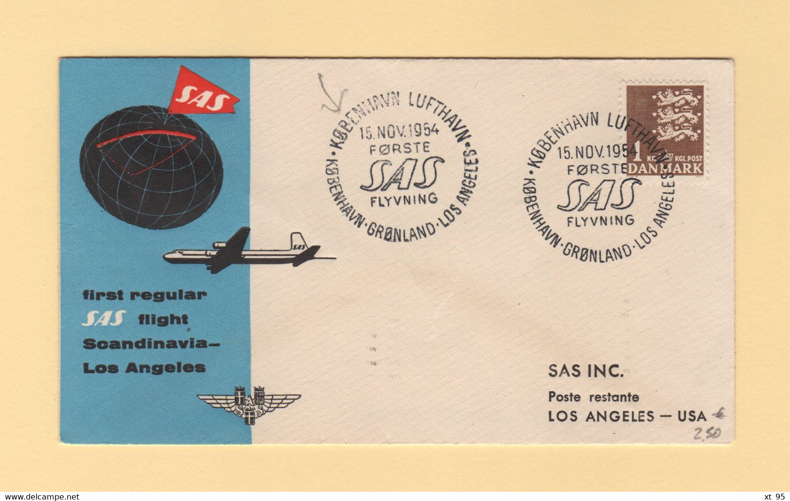 Danemark - 1954 - 1er Vol Copenhague USA - Luftpost
