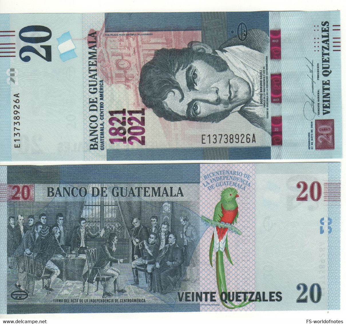 GUATEMALA  20 Quetzales  "Just Issued" COMMEMORATIVE. 1821-2021 Signing Of The Central American Independence Act, - Guatemala