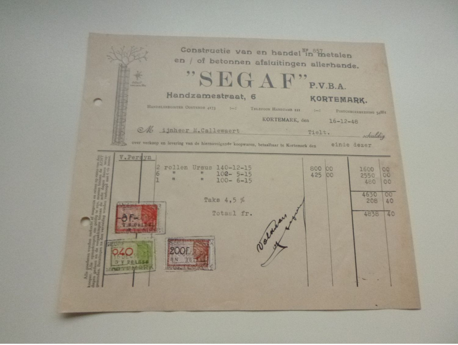 Document ( 687 )   Factuur   Facture  -  " SEGAF "   Kortemark - Otros & Sin Clasificación