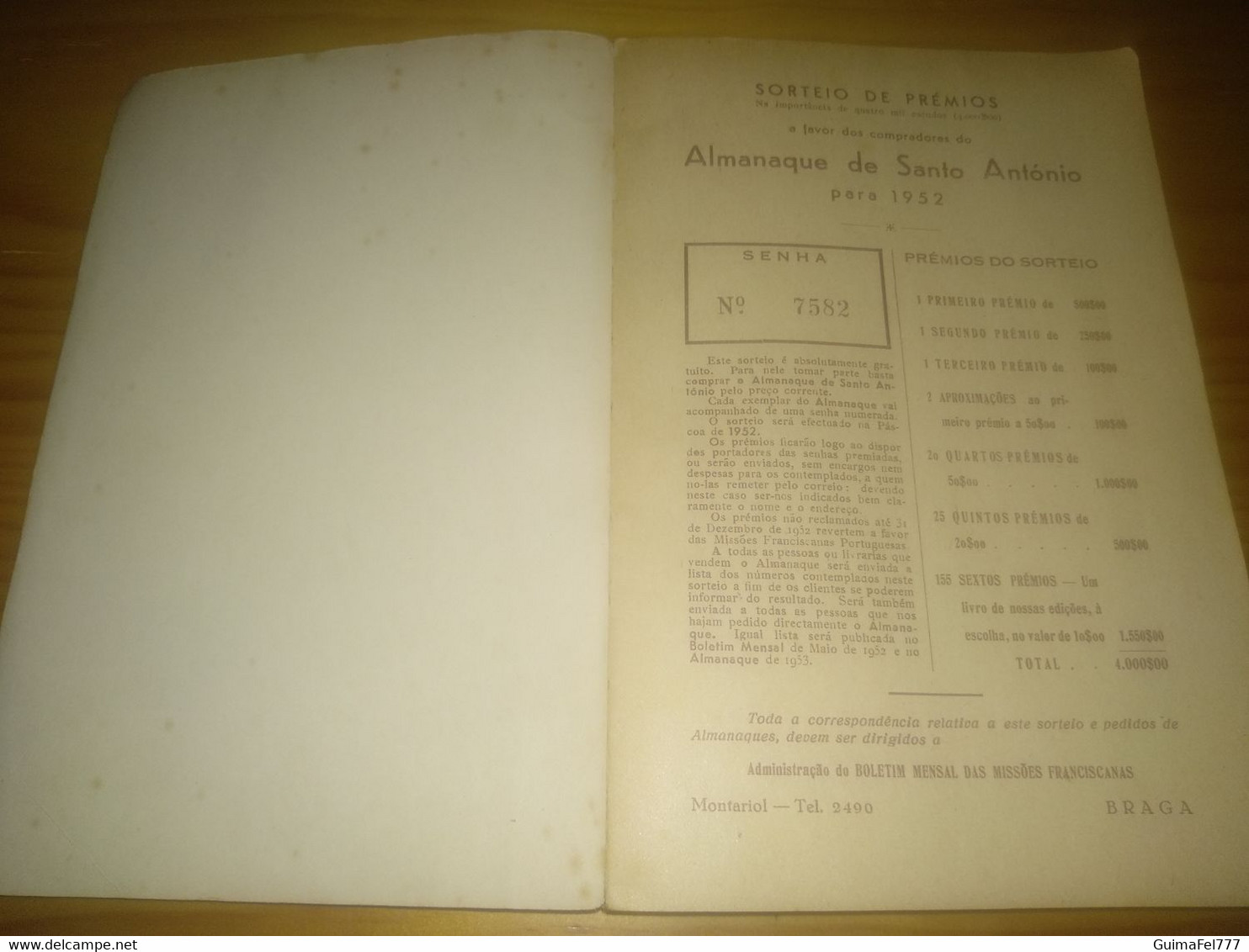 Almanaque Sto. António-Terras De Portugal, Breves Comentários Sobre Lisboa, Coimbra, Sesimbra, Aveiro... Braga Ano 1952 - Autres & Non Classés