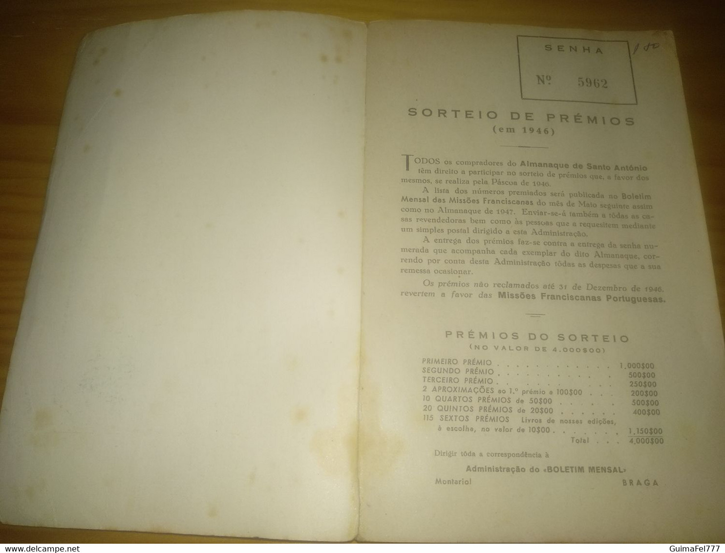 Almanaque Sto. António- Braga Ano 1946 - Sonstige & Ohne Zuordnung