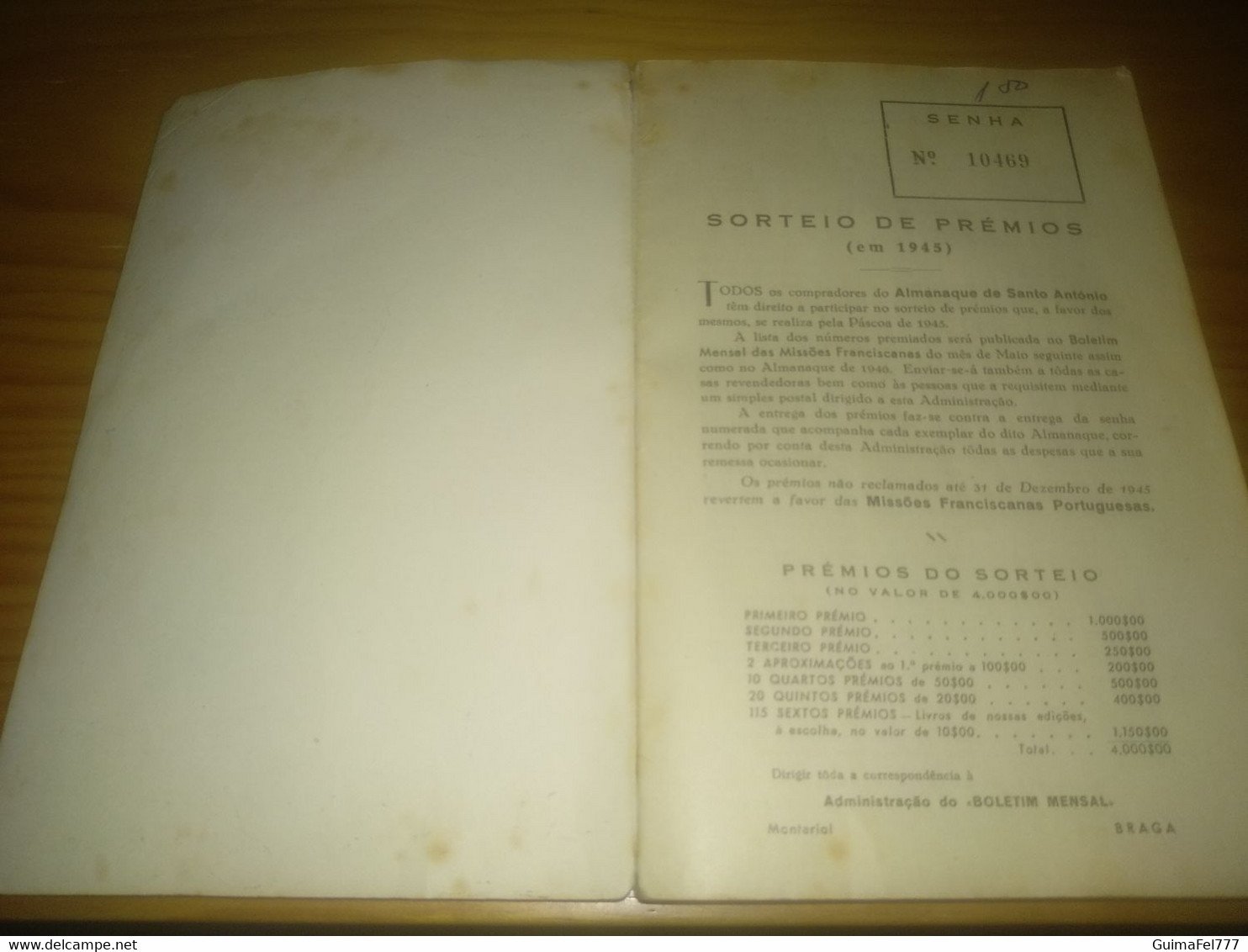 Almanaque Sto. António- Braga Ano 1945 - Altri & Non Classificati