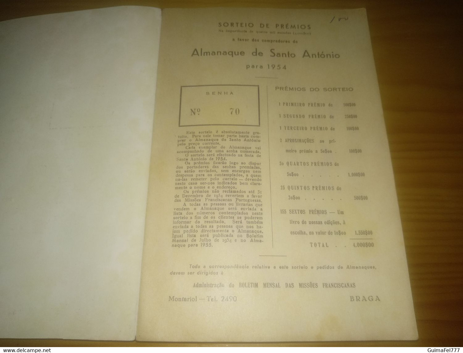 Almanaque Sto. António- Braga Ano 1946 - Autres & Non Classés