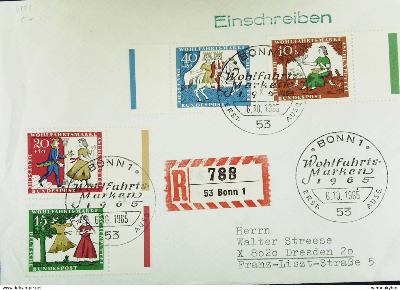 BRD: FDC-Brief Mit Satz Wohlfahrtsmarken 1965 -Märchen Der Brüder Grimm- SoSt. BONN 1 Vom 6.10.1965 Knr: 485/8 - R- Und V-Zettel