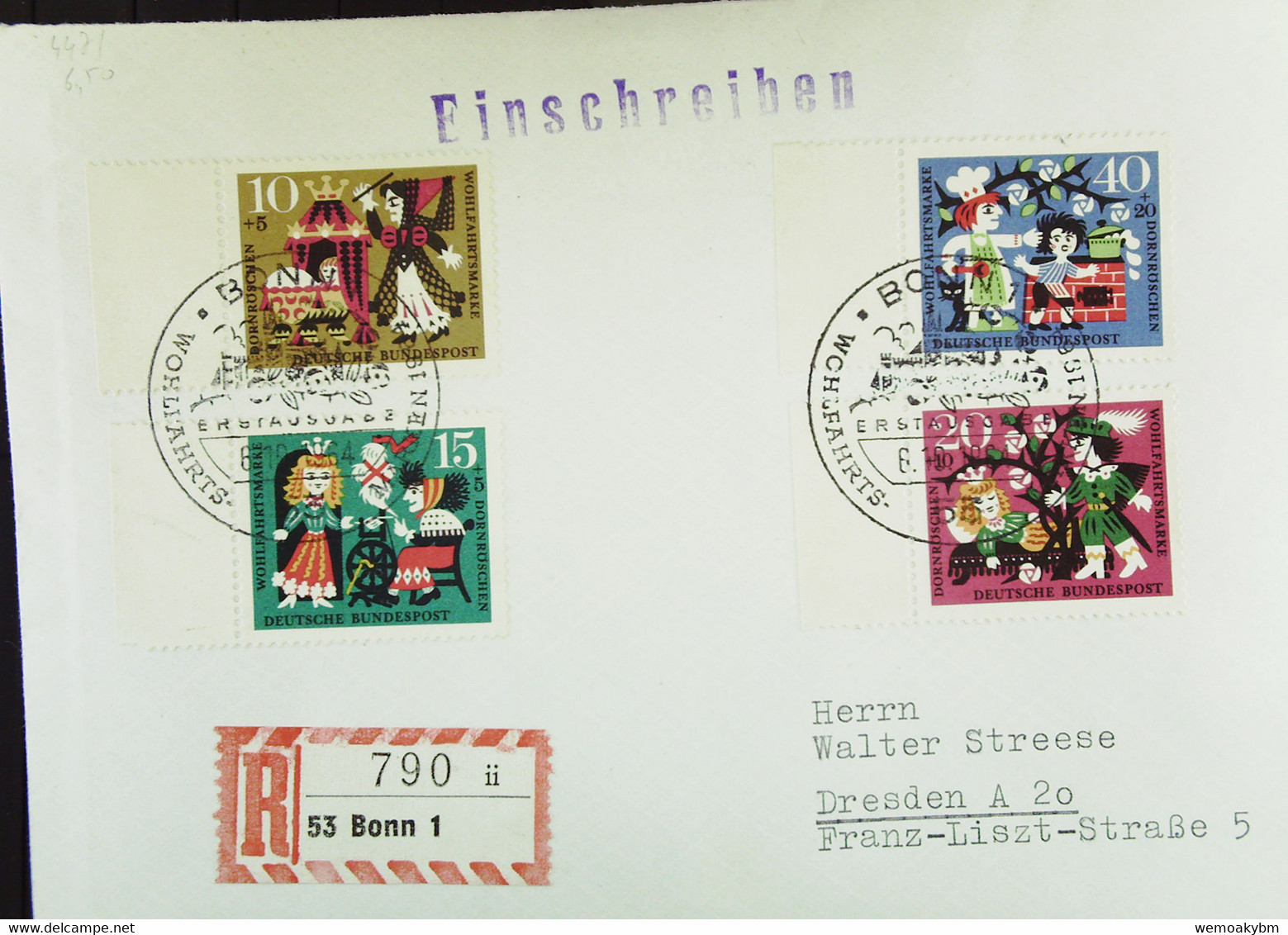 BRD: FDC-Brief Mit Satz Wohlfahrtsmarken 1964 -Märchen Der Brüder Grimm- SoSt. BONN 1 Vom 6.10.1964 Knr: 447-450 - R- & V- Vignette