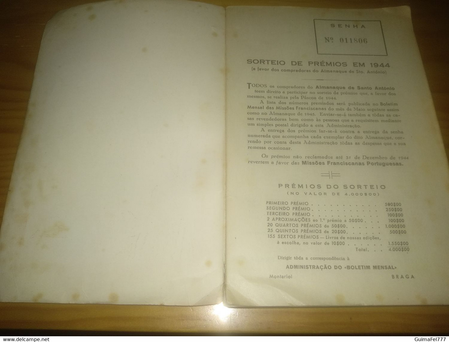 Almanaque Sto. António- Braga Ano 1944 - Altri & Non Classificati