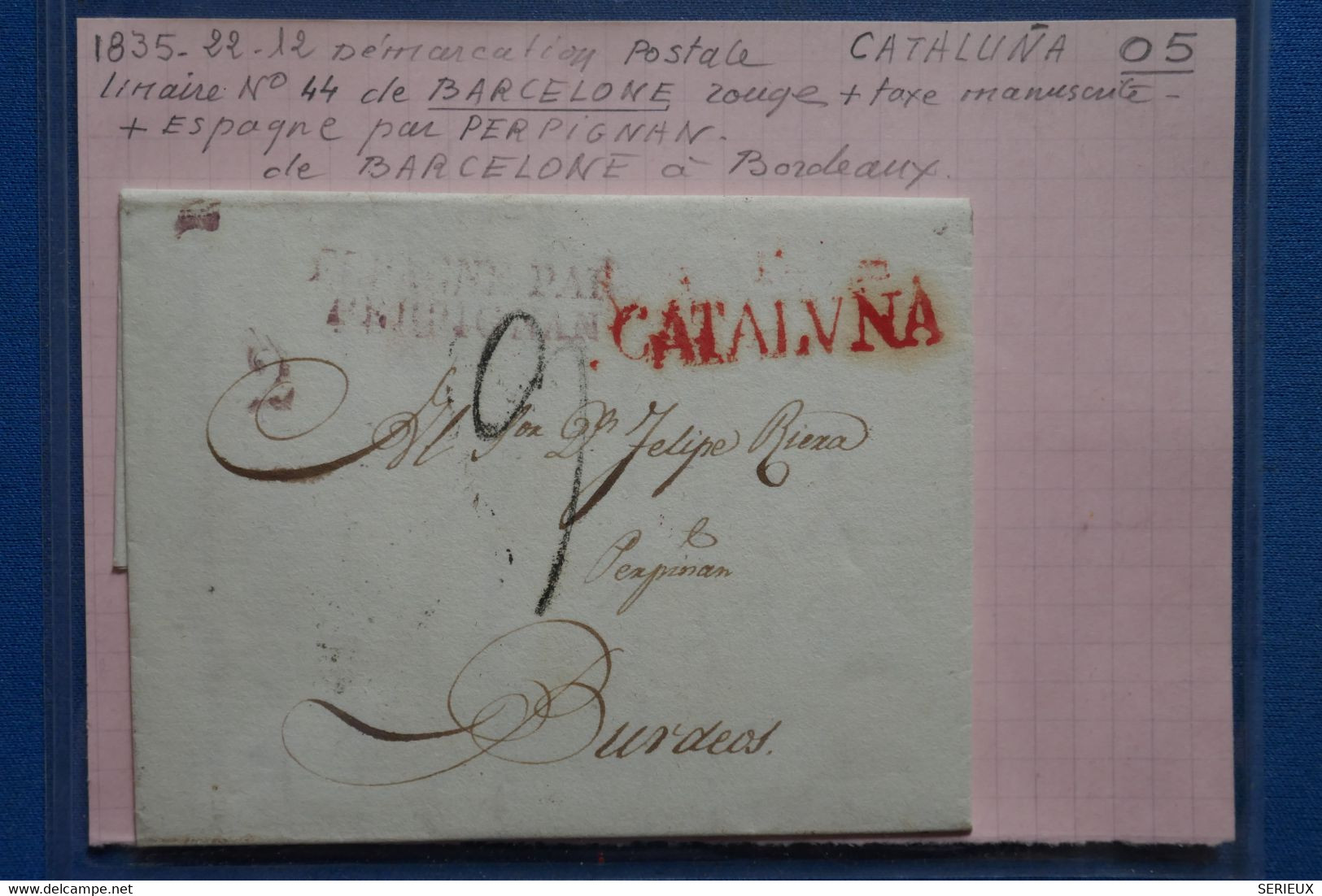 AB16 ESPANA BELLE LETTRE  1835 CATALUNA   BARCELONA POUR BORDEAUX BORDEOS VIA PERPIGNAN +  AFFRANCH. PLAISANT - ...-1850 Prefilatelia