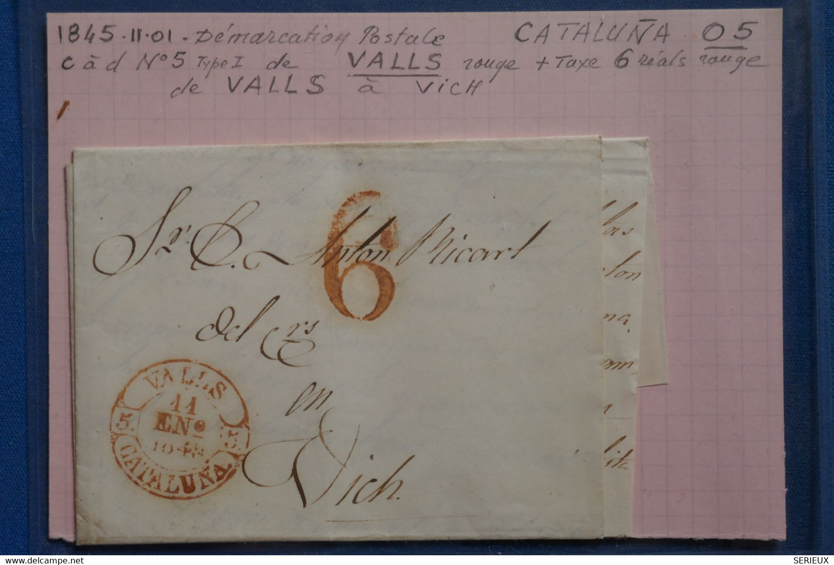 AB16 ESPANA BELLE LETTRE Q. LUXE 1845 CATALUNA  VALLS  POUR VICH+  AFFRANCH. PLAISANT - ...-1850 Prefilatelia