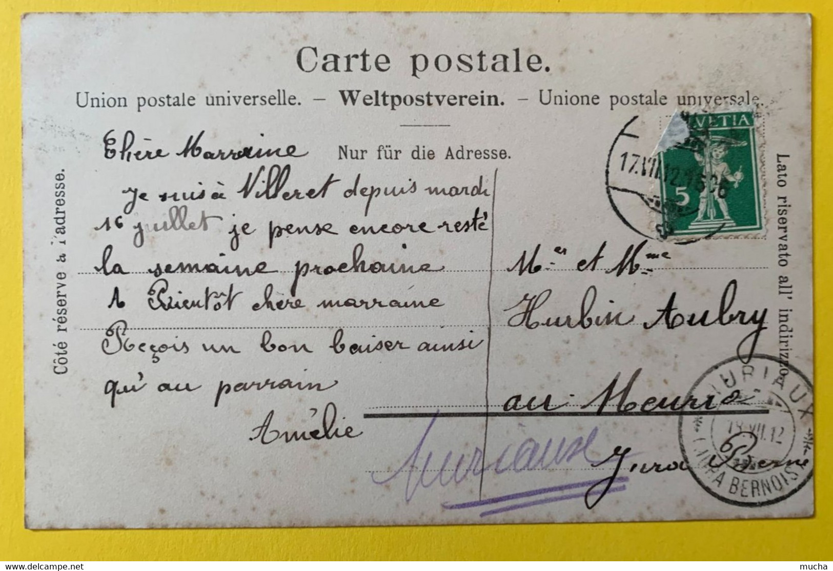 15409 -  Villeret Vue Générale  Cachet D'arrivée  Muriaux 18.07.1912 & Inscription Manuscrite Muriaux - Muri Bei Bern