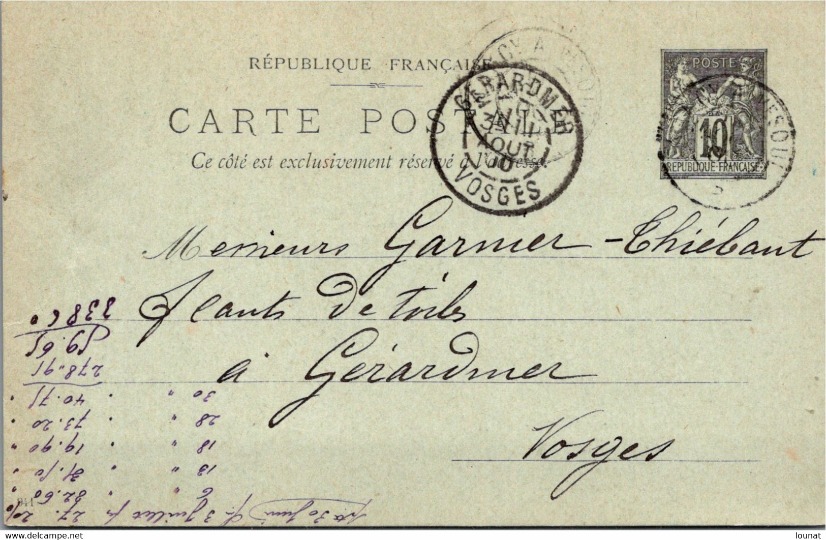 88 VINCEY  - Entiers Postaux Année 1900 - Marie Lamoisel - Vincey