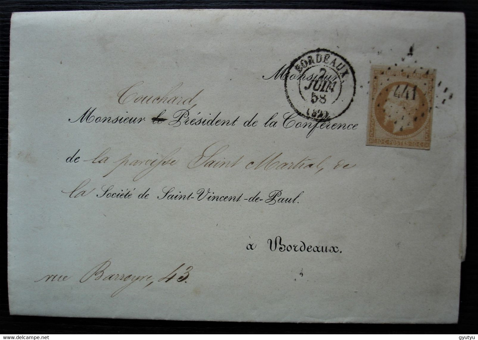 Bordeaux 1858 Lettre  Pré-imprimée De La Société Saint-Vincent-de-Paul Conférence Notre-Dame Pour La Paroisse St Martial - 1849-1876: Classic Period