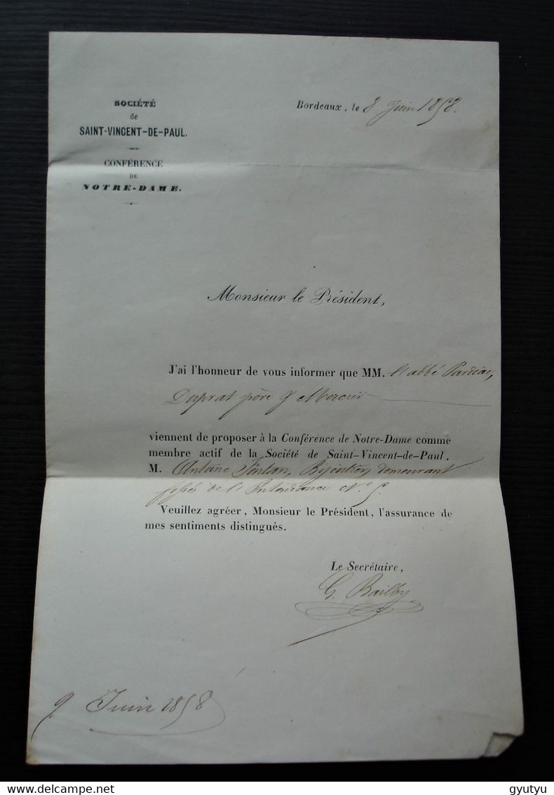 Bordeaux 1858 Lettre  Pré-imprimée De La Société Saint-Vincent-de-Paul Conférence Notre-Dame Pour La Paroisse St Martial - 1849-1876: Classic Period