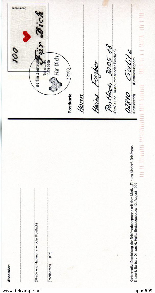 BRD Amtl.GZS-Sonderpostkarte PSo 71/03 "Briefmarkensprache" WSt "Für Dich (MiNr:2138)" ESSt 14.09.2000 Berlin Zentrum - Cartoline - Usati