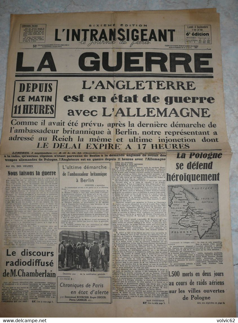 Journal L'intransigeant 4 Septembre 1939 Déclaration Guerre Allemagne Angleterre Pologne Pont Du Val Benoit Liége - Autres & Non Classés