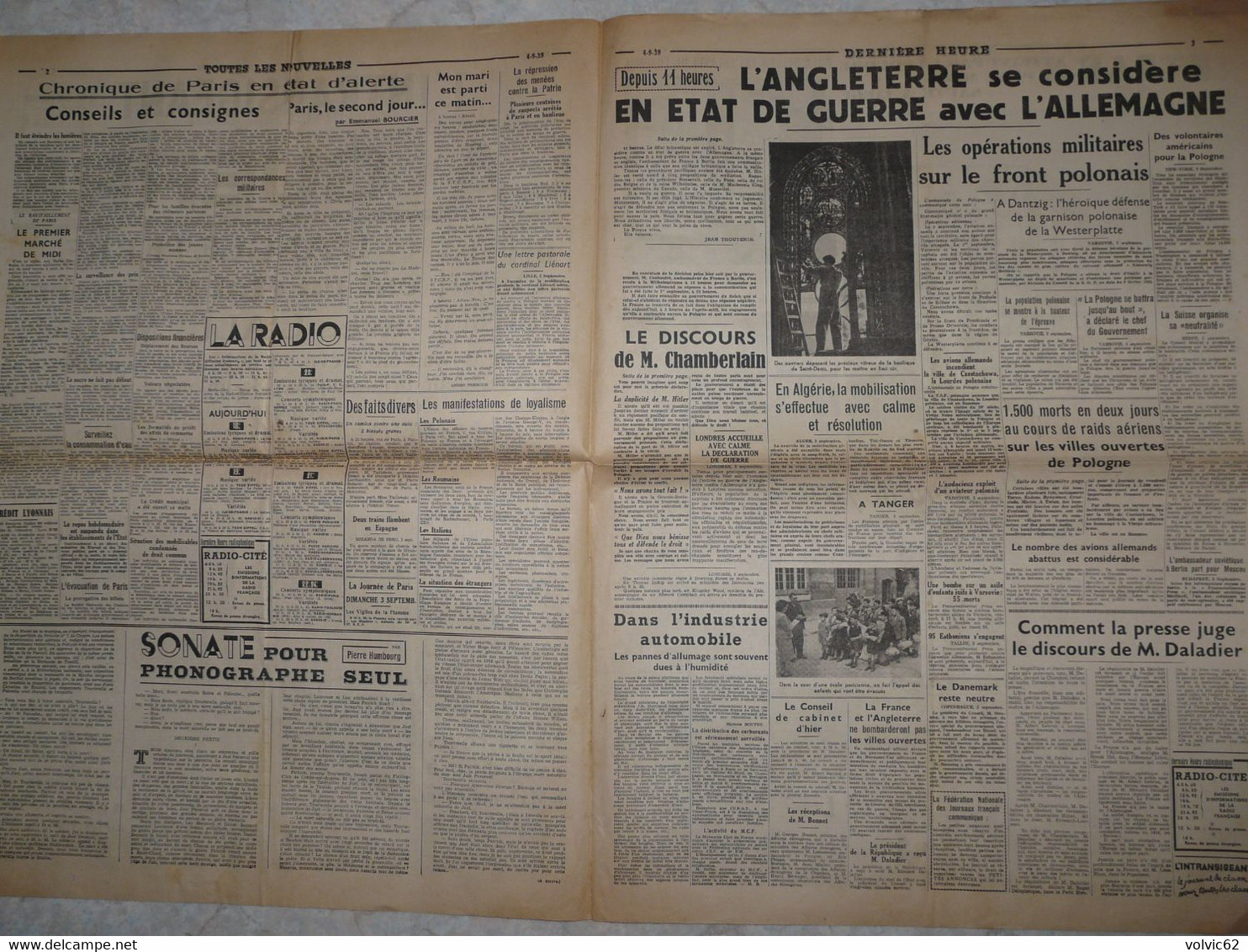 Journal L'intransigeant 4 Septembre 1939 Déclaration Guerre Allemagne Angleterre Pologne Pont Du Val Benoit Liége - Autres & Non Classés