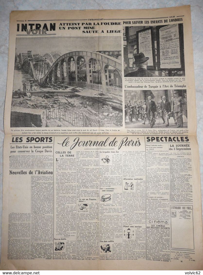 Journal L'intransigeant 4 Septembre 1939 Déclaration Guerre Allemagne Angleterre Pologne Pont Du Val Benoit Liége - Autres & Non Classés