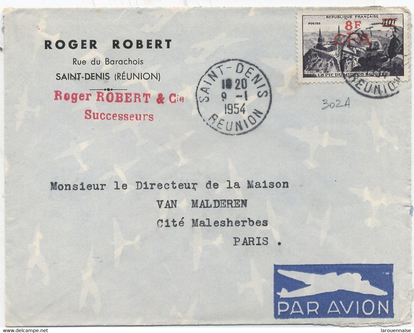 REUNION N° 302 A  / LETTRE Par AVION Pour PARIS . C à D -ST DENIS 9-1-1954 - Brieven En Documenten