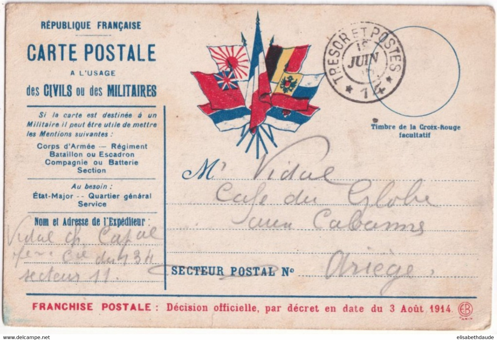 1915 - CARTE FM ILLUSTREE DRAPEAUX Du SP 14 => ARIEGE - Covers & Documents