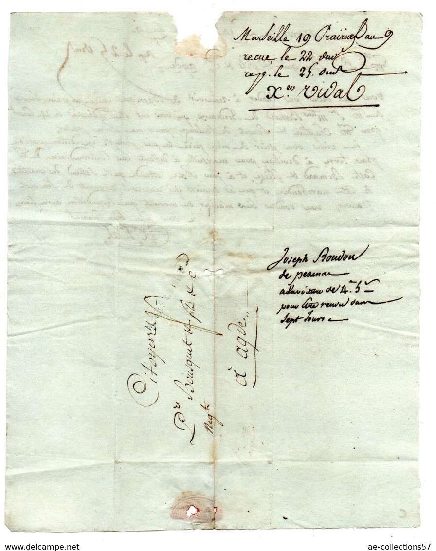 Lettre / De Marseille / Pour Agde / 19 Prairial An 9 - 1801-1848: Voorlopers XIX