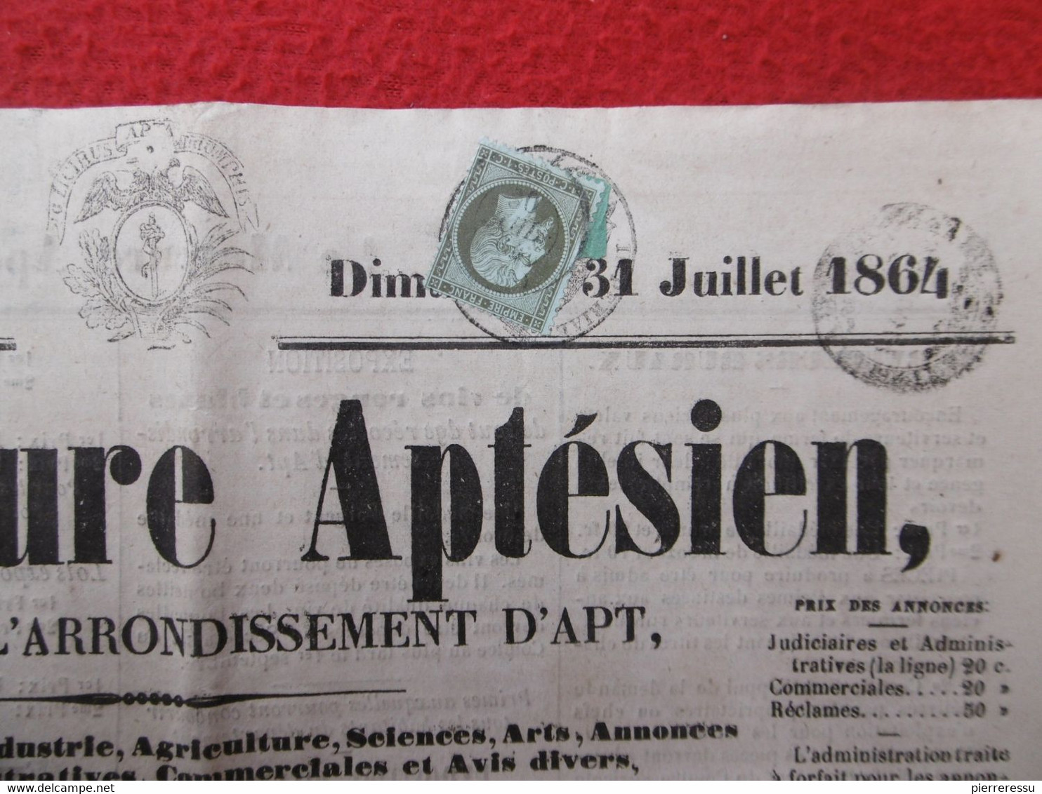 TIMBRE TYPE NAPOLEON 1 C OLIVE SEUL SUR JOURNAL LE MERCURE APTESIEN 1864 TIMBRE IMPERIAL - 1849-1876: Klassieke Periode