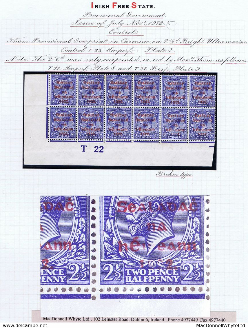 Ireland 1922 Thom Rialtas 5-line Ovpt In Red On 2½d Corner Block Control T22Imperf, One Stamp Overprint Partly Missing - Neufs